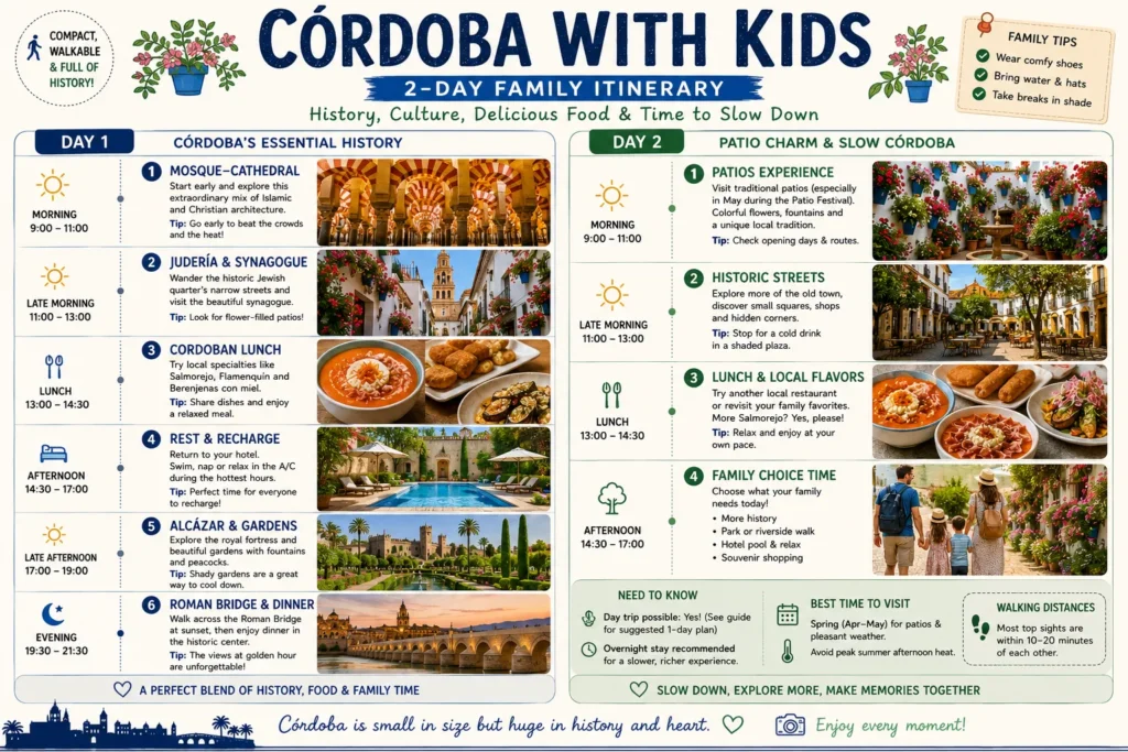 Two day Córdoba family itinerary with the Mosque-Cathedral Judería Alcázar Roman Bridge patios local food and family rest time