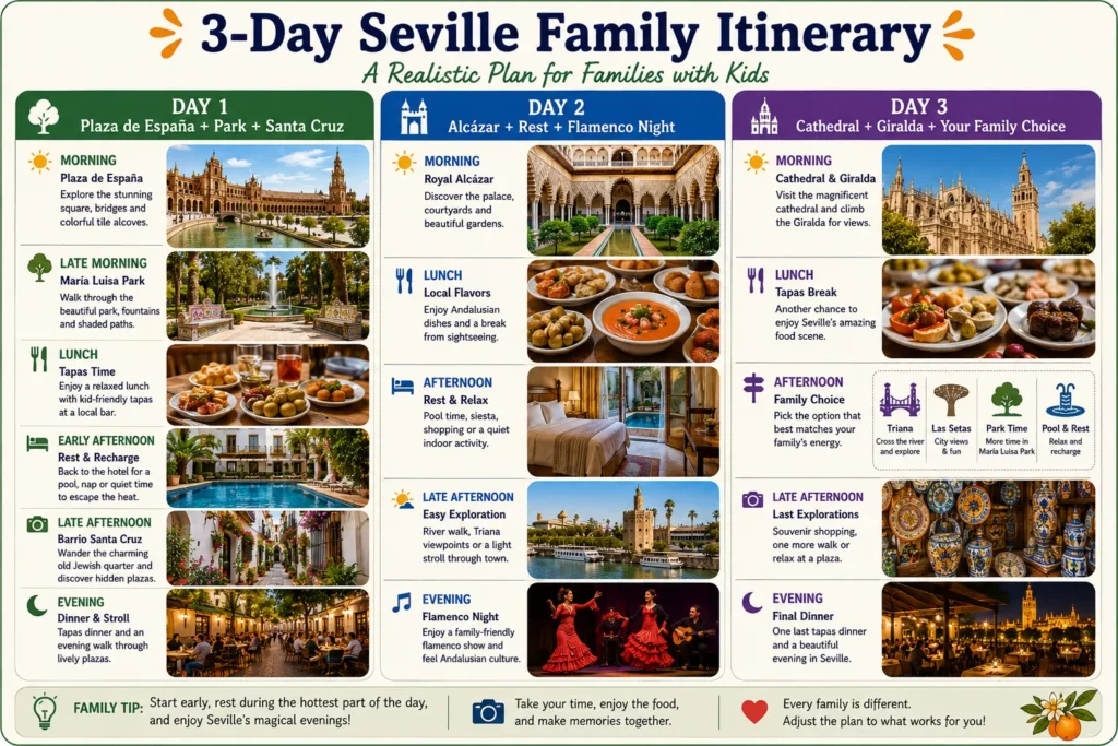 Three day Seville family itinerary with Plaza de España Royal Alcázar Cathedral Giralda Santa Cruz tapas and flamenco
