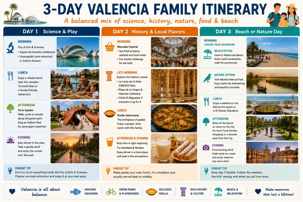 Three day Valencia family itinerary with Oceanogràfic Turia Garden Gulliver Park historic center paella beach and Albufera