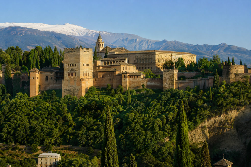 Panoramic view of the Alhambra Palace in Granada, Spain, with the Sierra Nevada mountains in the background on a clear sunny day.