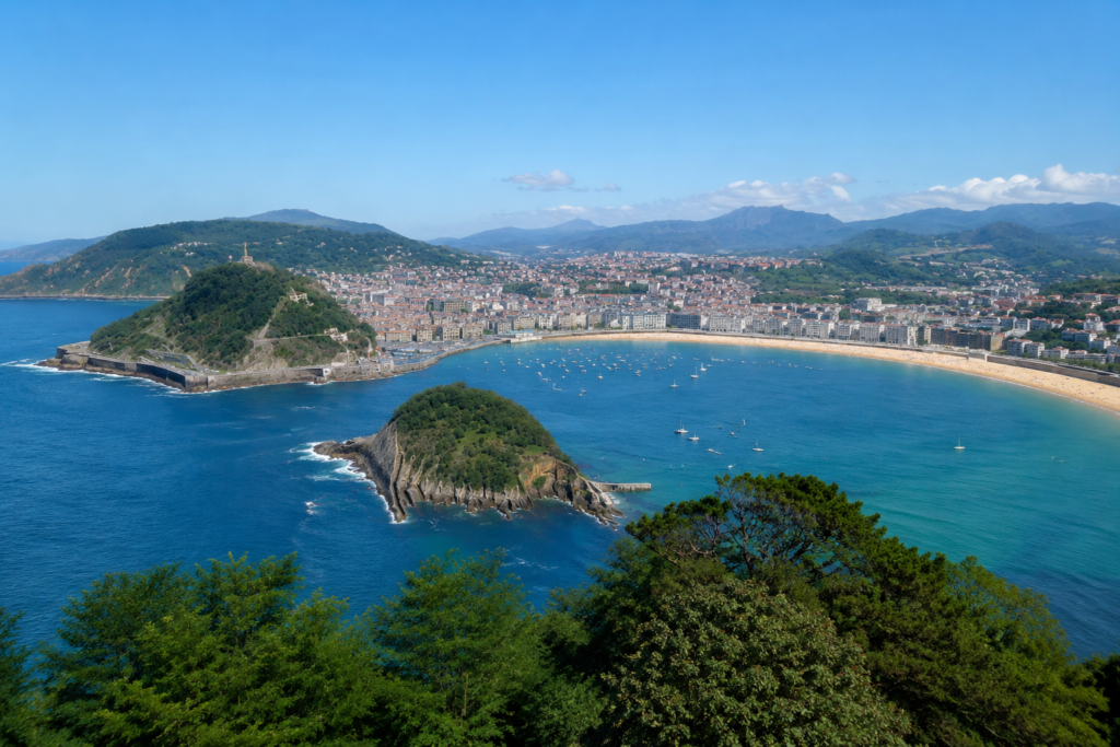 Panoramic view of La Concha Bay in San Sebastián, Spain, featuring the crescent-shaped beach, Santa Clara Island, and the surrounding coastline on a sunny day.