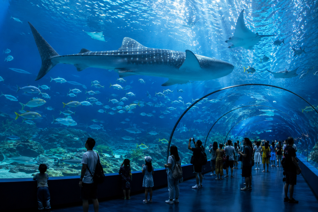 Families exploring an underwater tunnel at one of the world's largest aquariums, featuring whale sharks, rays, and tropical marine life.