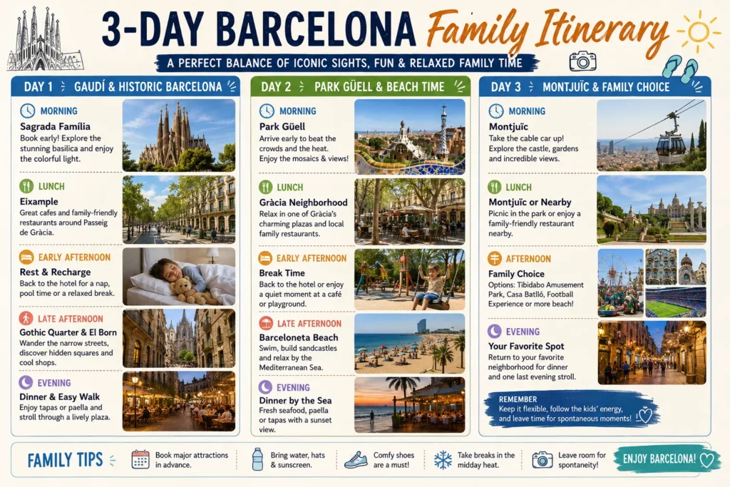 Three day Barcelona family itinerary with Sagrada Família Park Güell Barceloneta Beach and Montjuïc
