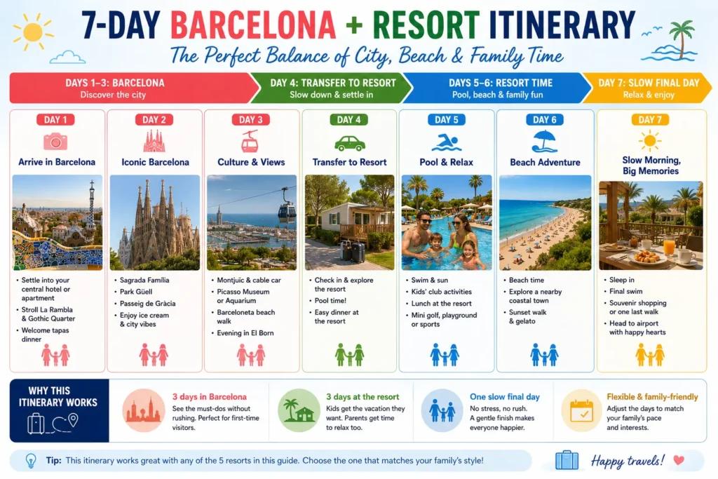 Seven day Barcelona and family resort itinerary combining city sightseeing beach pool and resort days
