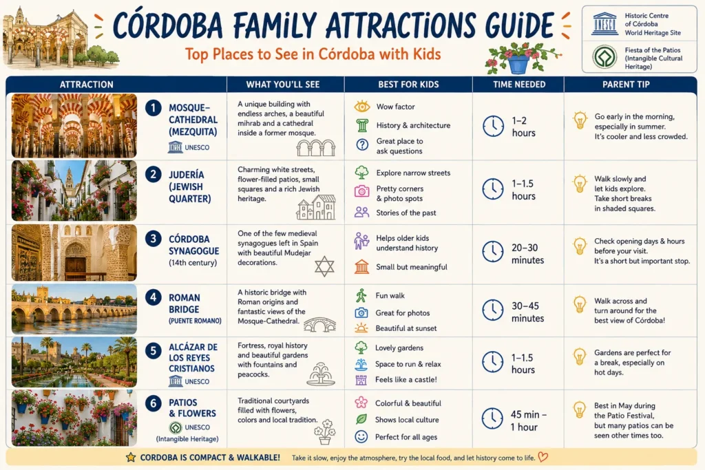 Córdoba family attractions guide comparing the Mosque-Cathedral Judería Synagogue Roman Bridge Alcázar and Córdoba patios