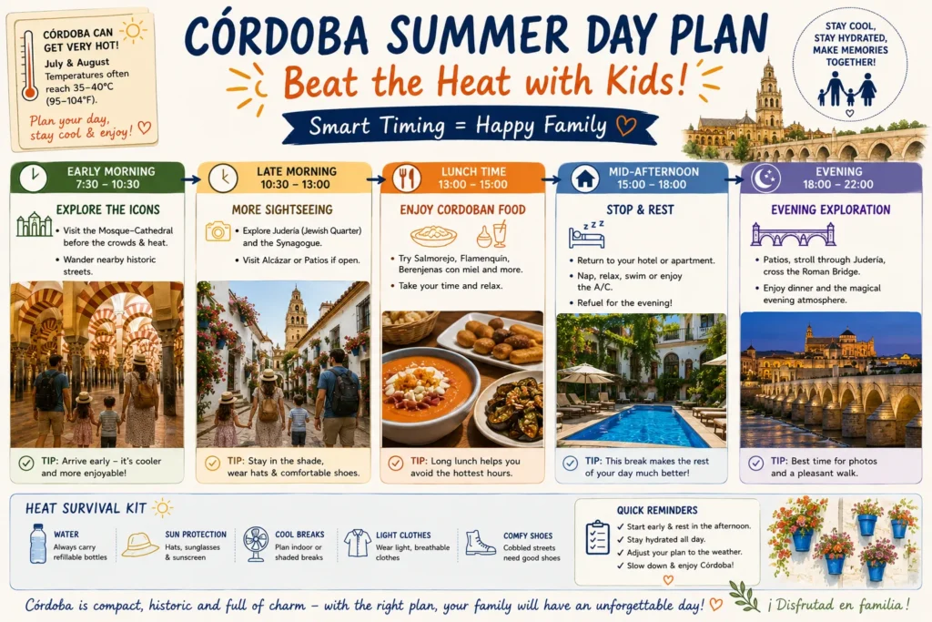 Córdoba summer family day plan with early sightseeing long lunch afternoon rest and evening exploration to avoid extreme heat