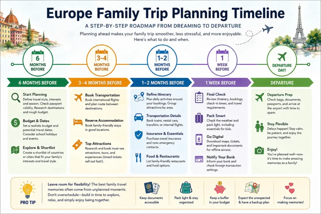 Europe family trip planning timeline from six months before departure to departure day