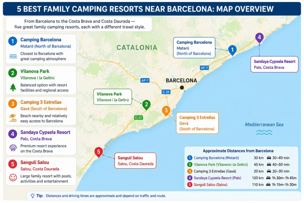Map of five family camping resorts near Barcelona including Mataró, Gavà, Vilanova i la Geltrú, Pals and Salou