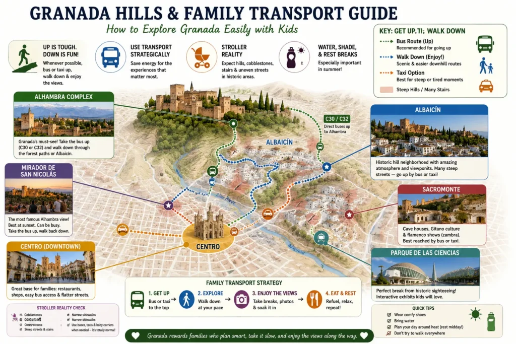 Granada family transport guide showing Alhambra Albaicín Sacromonte Centro and Mirador de San Nicolás with uphill bus and taxi options