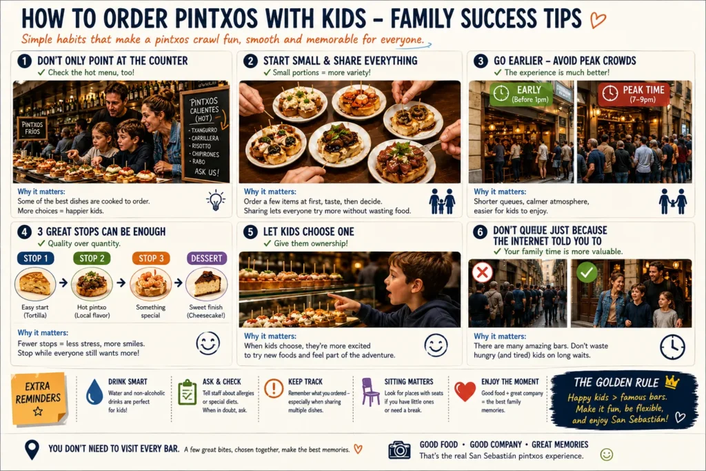 How to order pintxos with kids in San Sebastian including hot menus sharing small portions avoiding crowds and letting children choose