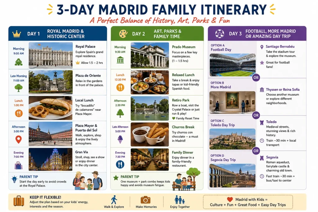 Three day Madrid family itinerary with Royal Palace Prado Museum Retiro Park Bernabéu Toledo and Segovia options