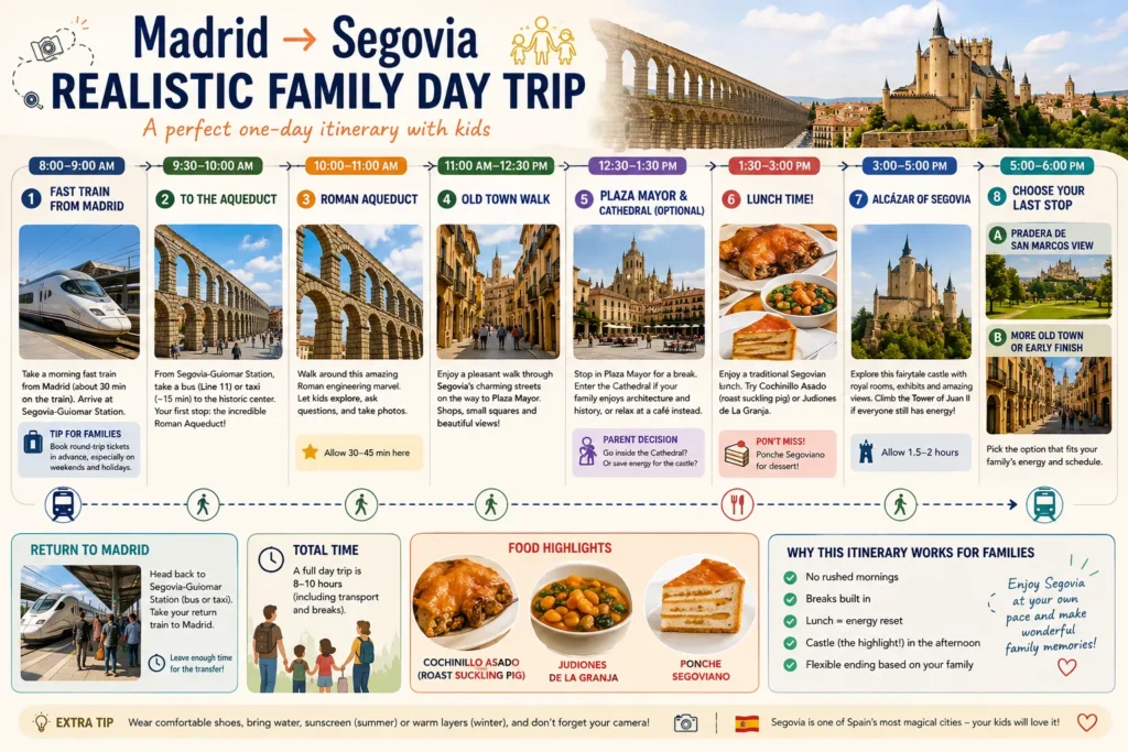 Madrid to Segovia family day trip itinerary with Roman Aqueduct Plaza Mayor Alcázar and traditional Segovian food
