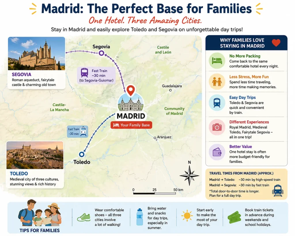 Map showing Madrid as a family travel base for day trips to Toledo and Segovia by fast train