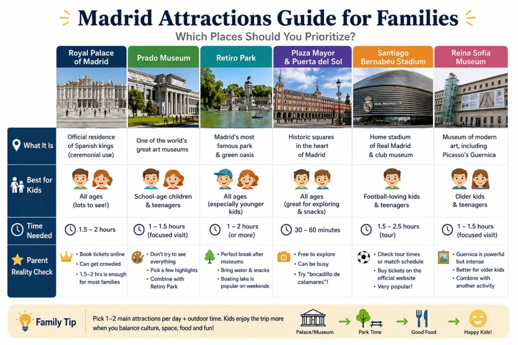 Madrid family attractions guide comparing the Royal Palace Prado Museum Retiro Park Plaza Mayor Bernabéu and Reina Sofía