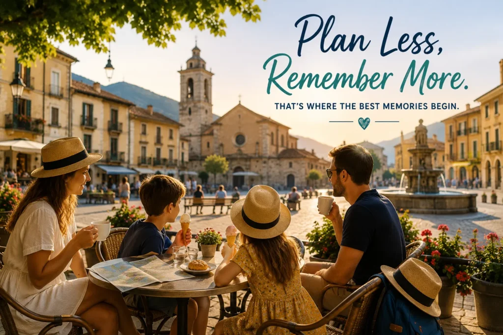 Family relaxing at a European town square during a slow family vacation