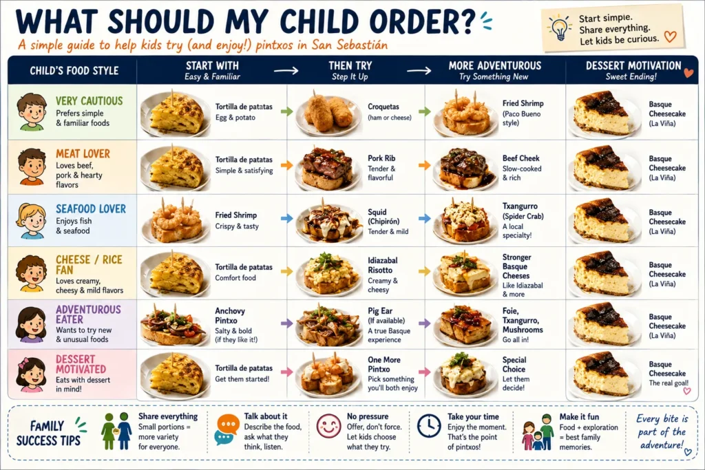 Pintxos for kids in San Sebastian with food choices for cautious eaters meat lovers seafood lovers and adventurous children