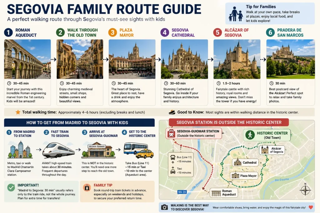 Segovia family route from the Roman Aqueduct through Plaza Mayor Cathedral Alcázar and Pradera de San Marcos