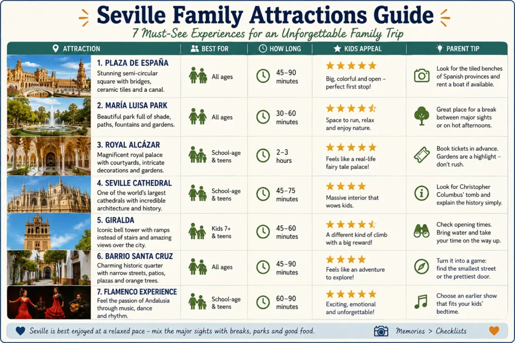 Seville family attractions guide comparing Plaza de España María Luisa Park Royal Alcázar Cathedral Giralda Santa Cruz and flamenco