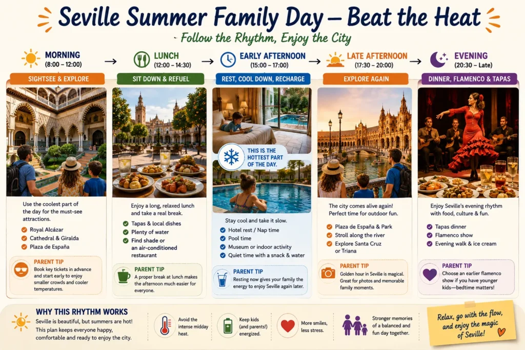 Seville summer family itinerary with morning sightseeing midday rest pool time late afternoon exploring tapas and flamenco