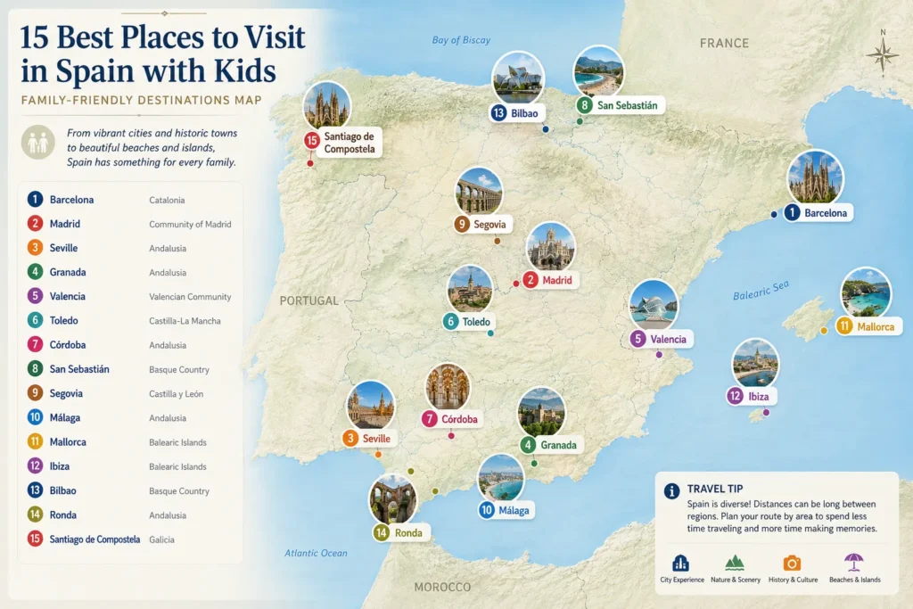 Map showing 15 family destinations in Spain including Barcelona Madrid Seville Granada Valencia Mallorca and northern Spain