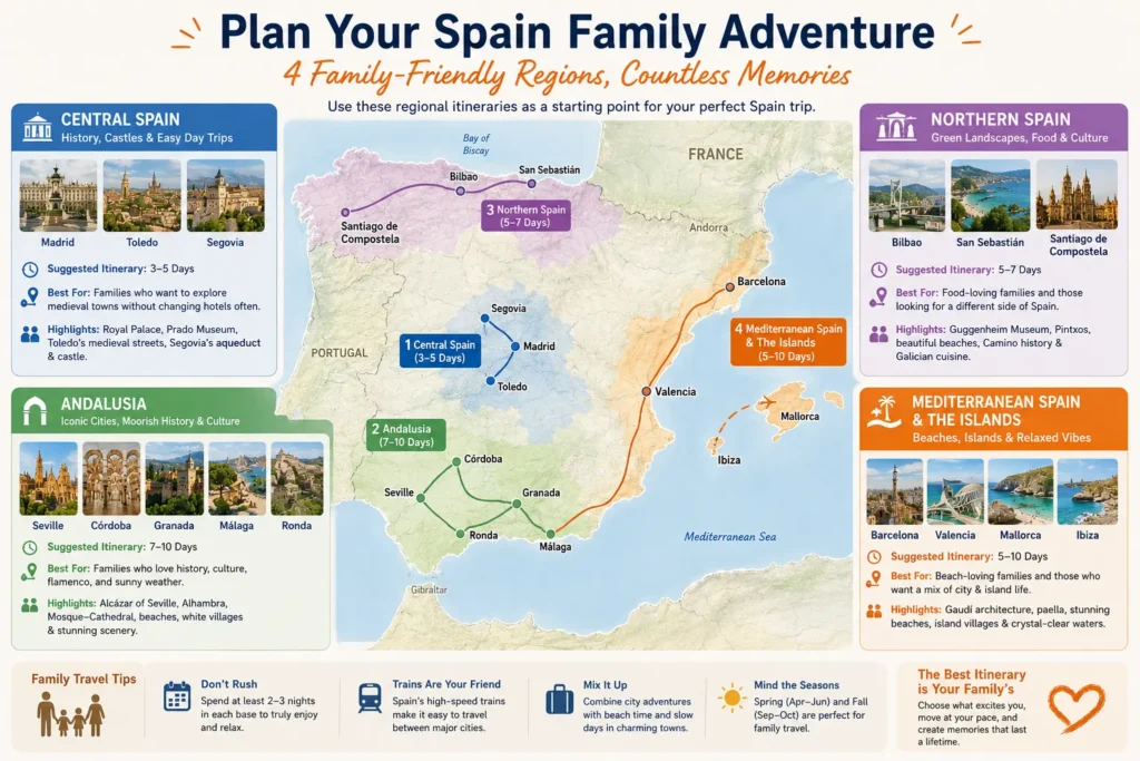 Spain family itinerary map showing Central Spain Andalusia Northern Spain Mediterranean Spain and the islands