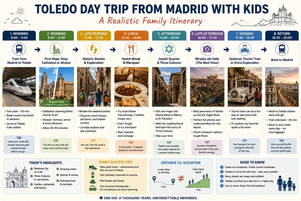 Toledo day trip from Madrid with kids including Cathedral Alcázar Jewish Quarter Mirador del Valle and marzipan