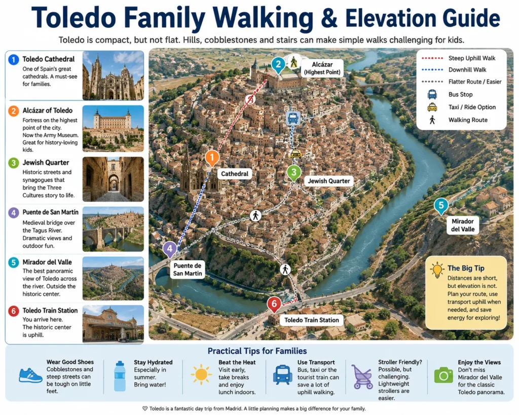 Toledo family walking and elevation guide showing Cathedral Alcázar Jewish Quarter San Martín Bridge Mirador del Valle and train station