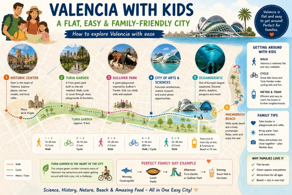 Valencia family transport map showing historic center Turia Garden Gulliver Park City of Arts and Sciences Oceanogràfic and Malvarrosa Beach