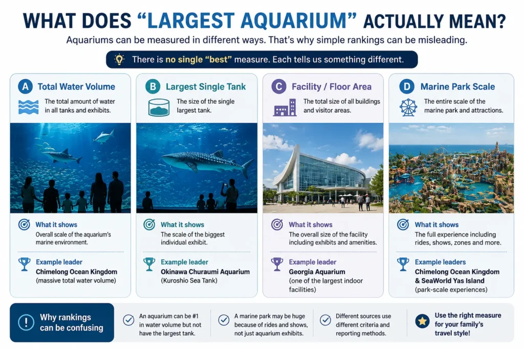 Largest aquarium comparison explained by total water volume largest tank facility area and marine park scale