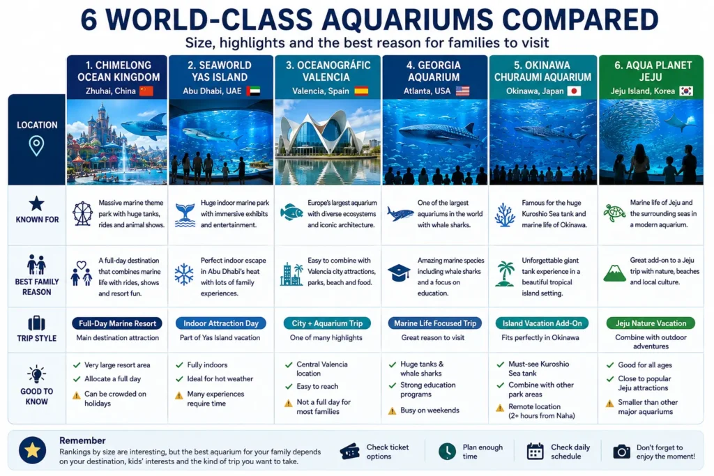 Family comparison of Chimelong SeaWorld Yas Island Oceanogràfic Georgia Aquarium Churaumi and Aqua Planet Jeju