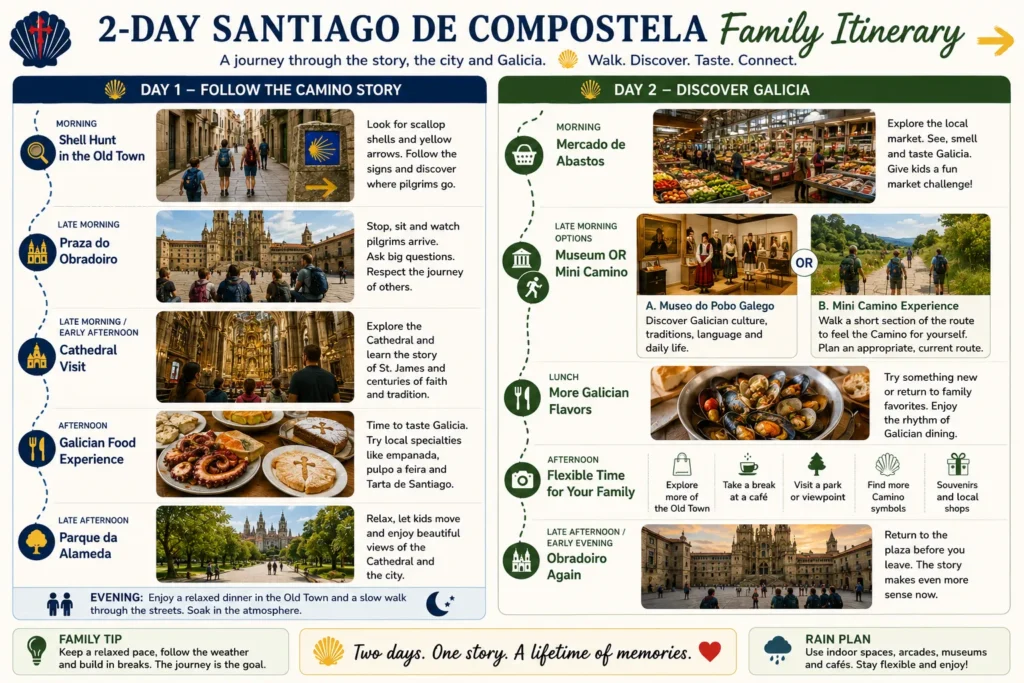 Two day Santiago de Compostela family itinerary with Camino shell hunt Obradoiro Cathedral Galician food market Alameda and short Camino options