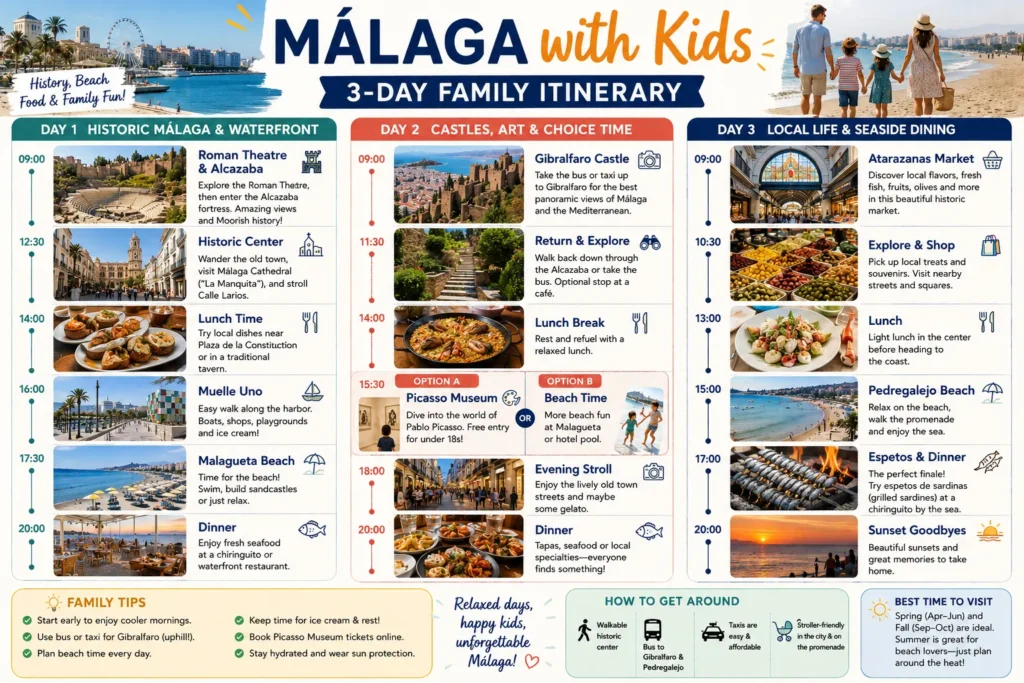 Three day Malaga family itinerary with the Alcazaba Roman Theatre Gibralfaro Picasso Muelle Uno Malagueta and Pedregalejo