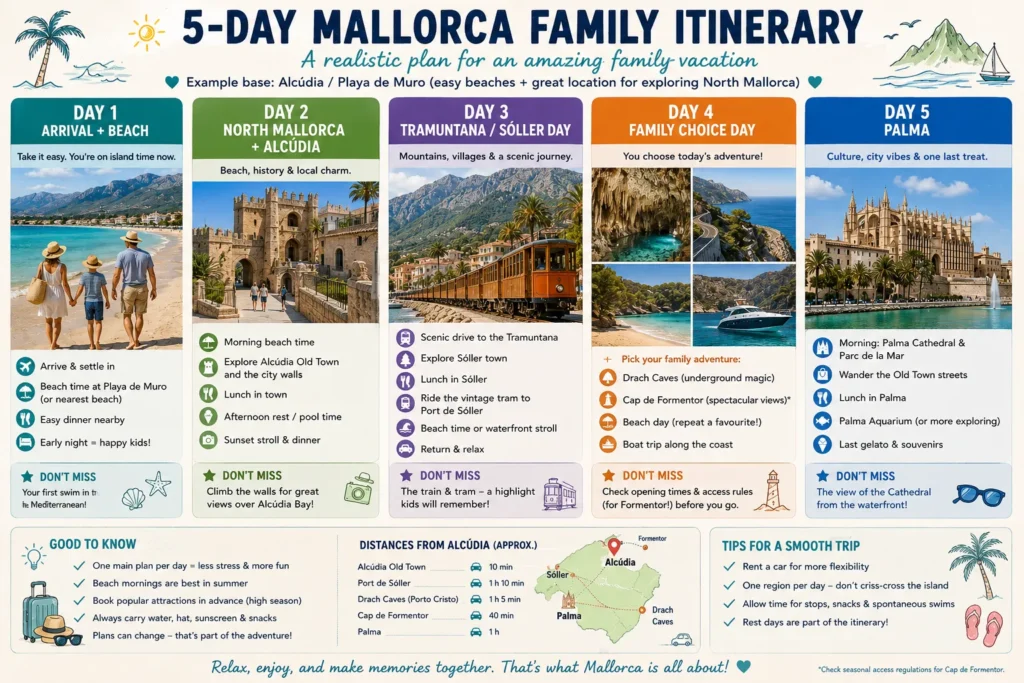 Five day Mallorca family itinerary based in Alcudia and Playa de Muro with beaches Soller Tramuntana Drach Caves Formentor and Palma
