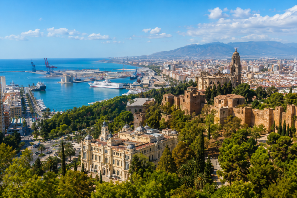 Panoramic view of Málaga, Spain, featuring the Alcazaba Fortress, Málaga Cathedral, the Mediterranean coastline, and the city's historic skyline on a sunny day.