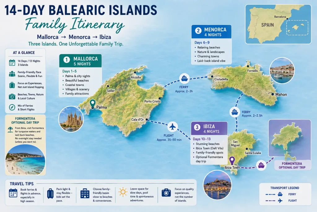 Map of a two-week Balearic Islands family itinerary through Mallorca, Menorca, and Ibiza with an optional Formentera day trip