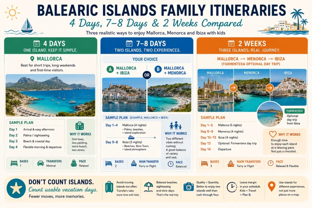 Comparison of 4-day, 7–8-day, and two-week Balearic Islands family itinerary options