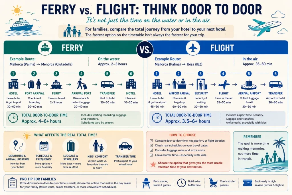 Family travel infographic comparing door-to-door ferry and flight journeys between the Balearic Islands