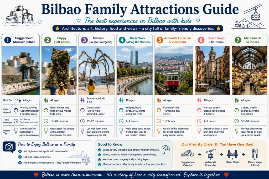 Bilbao family attractions guide featuring Guggenheim Puppy Maman Nervion River Artxanda Casco Viejo and Mercado de la Ribera