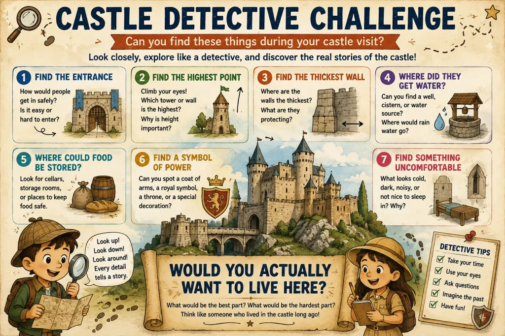 Castle activity for kids looking for entrances, towers, defensive walls, water sources, food storage and royal symbols