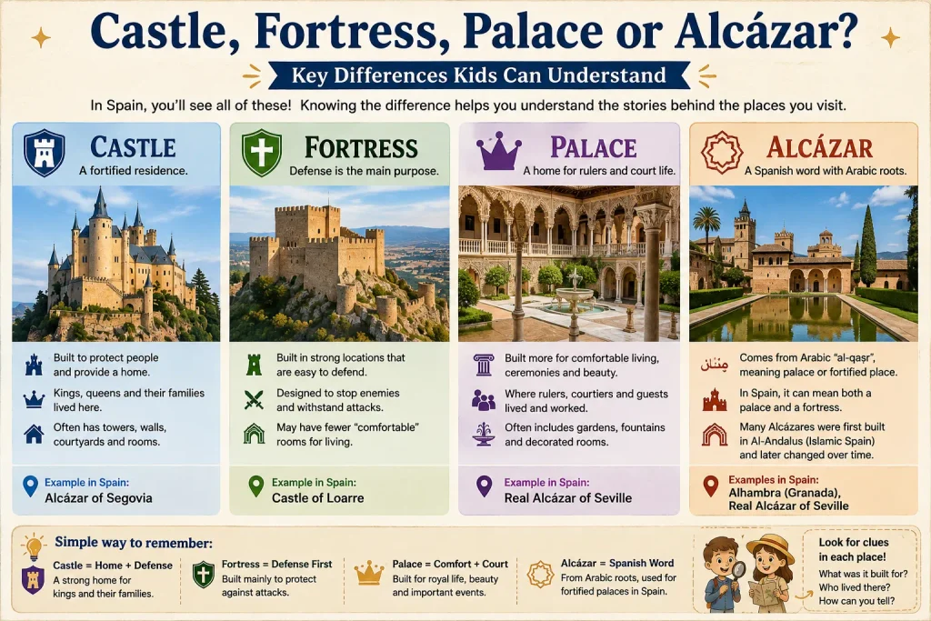 Kids guide explaining the differences between a castle, fortress, palace and alcázar in Spain