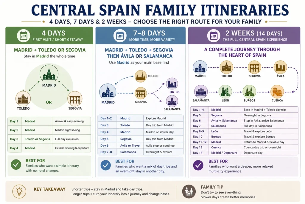 Comparison of 4-day, 7–8-day, and two-week Central Spain family itinerary routes