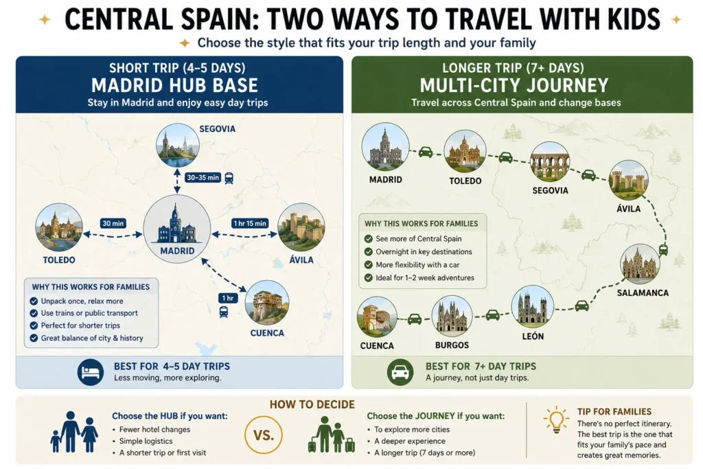Comparison of a Madrid-based family itinerary and a multi-city journey through Central Spain