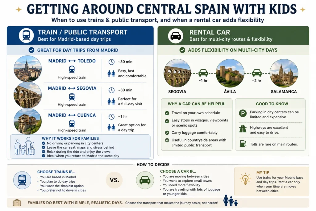 Family travel infographic comparing trains and rental cars for getting around Central Spain