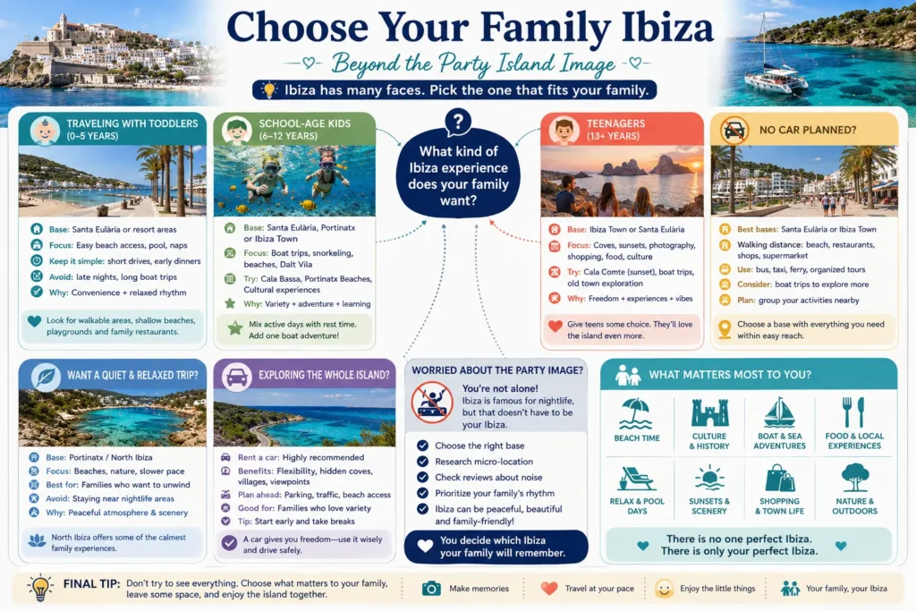 Ibiza family trip planner for toddlers school age kids and teens comparing family bases beaches boats rental cars and quiet areas