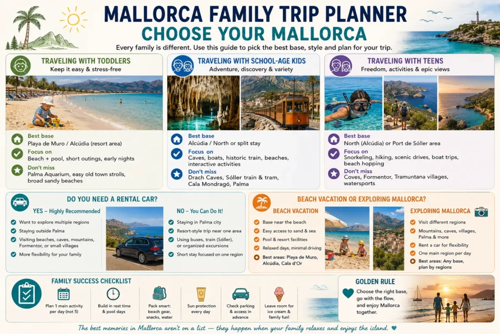 Mallorca family trip planner for toddlers school age kids and teens comparing beaches rental cars resorts and island exploration
