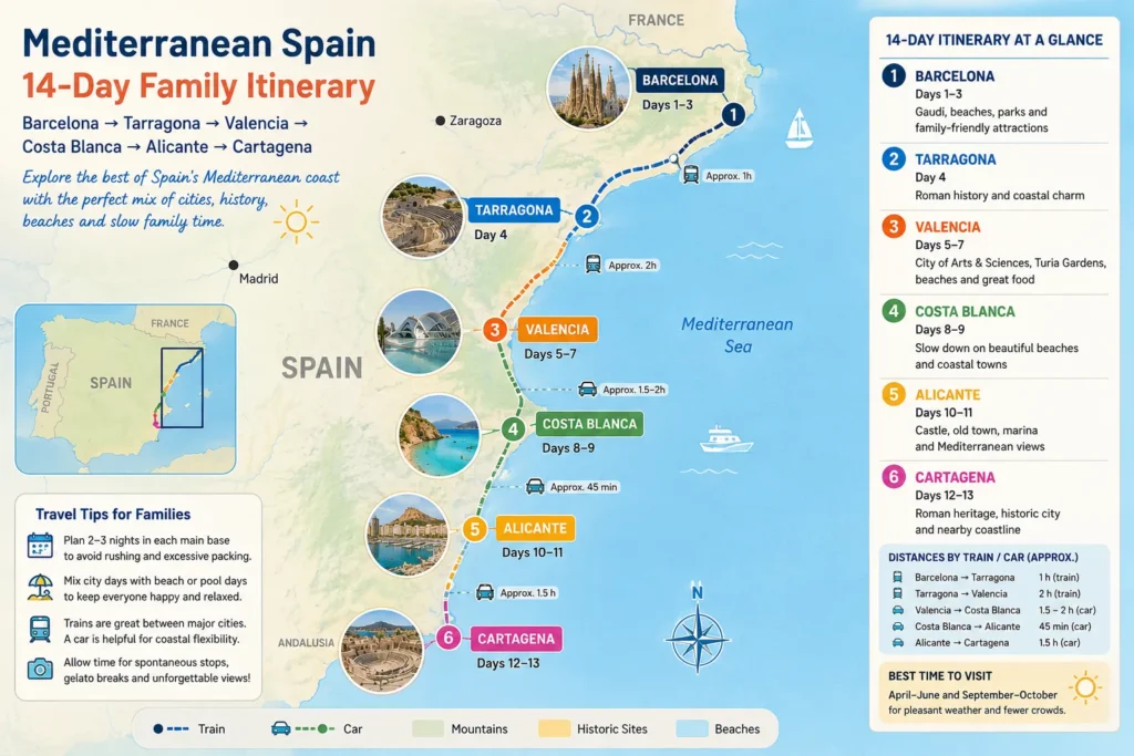 Map of a two-week Mediterranean Spain family itinerary from Barcelona to Tarragona, Valencia, the Costa Blanca, Alicante, and Cartagena