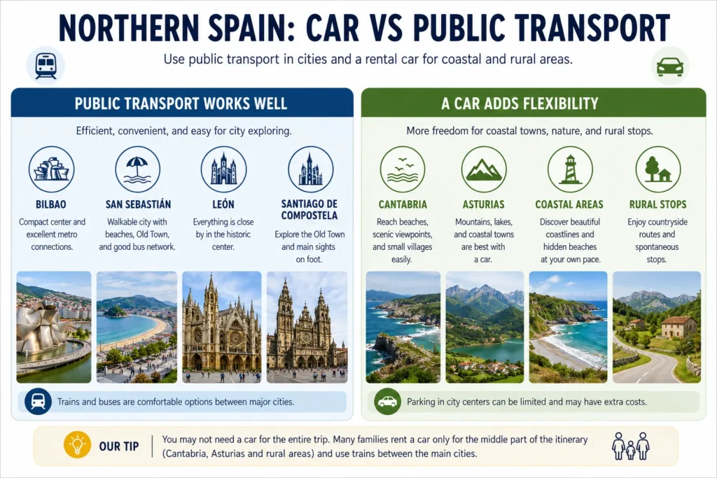 Comparison of public transportation and rental car travel for families exploring Northern Spain