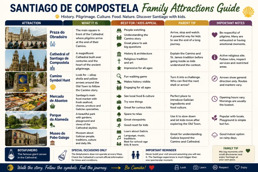 Santiago de Compostela family attractions guide featuring Praza do Obradoiro Cathedral Camino symbols Mercado de Abastos Alameda and Museo do Pobo Galego