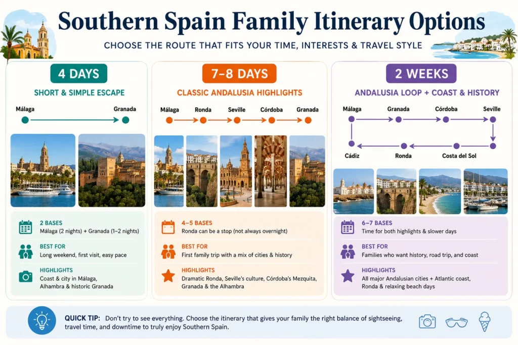 Comparison of 4-day, 7–8-day, and two-week Southern Spain family itinerary routes