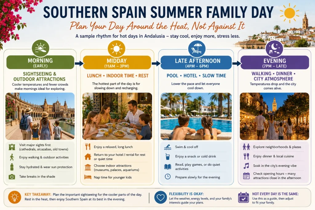 Summer family itinerary showing how to plan sightseeing and rest during hot days in Southern Spain